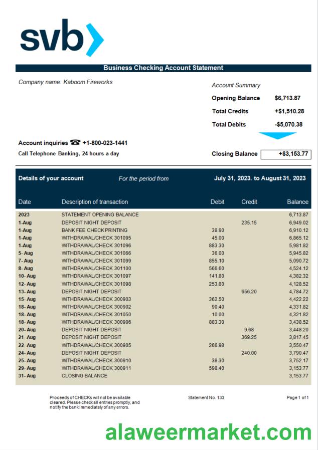 SVB Bank firm statement Word and PDF template